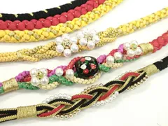 平和屋着物▼和装小物　帯締め３本セット　振袖用　飾り付き　パール　飾り玉　花　黒　茜色　支子色　金糸　逸品　CABD8533ju