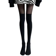 [YOSHICA] フェイクニーハイストッキング レディース 切り替え生地 一体型タイツ フェイクハイソックス 美脚効果 ベルベット 伸縮性 素肌感 パンスト 着圧 伝線しにくい (上黒色���黒色) [上黒色下黒色]