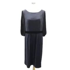 23区 オンワード樫山 ベロアワンピース シルク 大きいサイズ 48 紺 ネイビー 五分袖 ラウンドネック ひざ丈 /YS28 ■ECC001