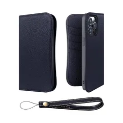 【新品】 COGURE スマホケース iPhone15ProMax用 手帳型 ケース ダイアリーケース 本革 カード収納 ストラップ 落下防止 スタンド機能 TPUケース 耐衝撃 磁石なし ギフトボックス付き COPB ネイビー【Navy】 0