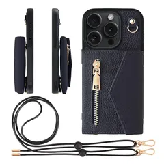 【新品】 HANATORA for iPhone 15Pro ケース ショルダー 本革 シュリンクレザー 耐衝撃 スマホケース スマホ ショルダーストラップ 付き ファスナー スマホショルダー カバー カードポケット カード収納 小銭入れ ネイビー BPC 0
