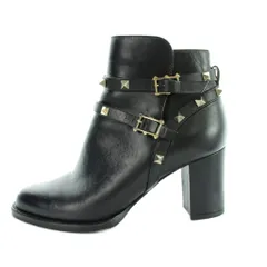 ヴァレンティノ ヴァレンチノ  VALENTINO ショートブーツ ラウンドトゥ ロゴ レザー 2連ベルト スタッズ 36.5 黒 ブラック ■GY19 /MQ