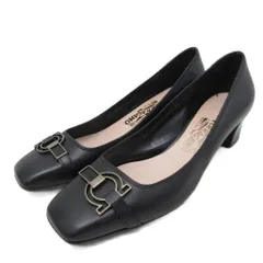 サルヴァトーレフェラガモ Salvatore Ferragamo ガンチーニ パンプス スクエアトゥ ローヒール チャンキーヒール ロゴ金具 8 25cm 黒 ブラック ■IBO91