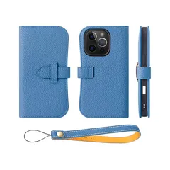 【新品】 COGURE スマホケース iPhone16ProMax用 手帳型 ケース 本革 ベルト付き カード収納 ストラップ 落下防止 スタンド機能 TPUケース 耐衝撃 磁石なし ギフトボックス付き COPA シアン【Cyan】 0