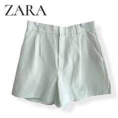 ZARA ザラ 薄ライムグリーン 薄アップルグリーン レディース パンツ ショートパンツ ハーフパンツ ハイウエスト タック入り プリーツ センタープレス【Lサイズ】1050KZ