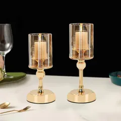 新品 MrMrKura キャンドルホルダー ゴールド 2個セット キャンドルスタンド ガラス カバー付き ティーライトキャンドル ホルダー アンティーク 燭台 北欧 大きい 卓上 テーブル プレゼント (M+S)