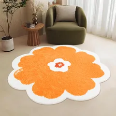オレンジ オールシーズン対応 和風リビング・ベッドサイド・寝室用 直径120cm い 短い起毛ラグマット可愛 子供部屋 滑り止め付 洗える絨毯 花柄カーペット 橙 花形ラグ
