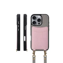 【新品】 COGURE スマホケース iPhone16Pro用 ケース ショルダーストラップ 本革 カード収納 落下防止 耐衝撃 ギフトボックス付き COPGCS グレージュ+ピンク【Grege+PK】 1