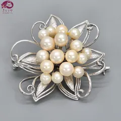 アコヤ真珠 フラワーモチーフ ブローチ 17粒 本真珠 パール幅5.1~7.5㎜ スターリングシルバー SV925 横幅5.42㎝ 23.49g あこや真珠 アコヤパール ピンブローチ
