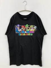 super mario Tシャツ/カットソー L ブラック 前面プリント ブランドロゴ ミドル丈 半袖 クルーネック(丸首)