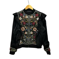 ザラウーマン ZARA WOMAN ブルゾン 長袖 フリル 刺繍 コットン混 2903/060/800 S 黒 ブラック マルチカラーのサムネイル