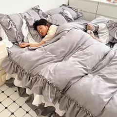 新品 布団カバー 3点セット 4点セット フリル付き布団カバー 寝具カバー 洋式・和式兼用 ベッドカバー 掛け布団カバー ボックスシーツ 枕カバー シーツカバー 肌に優しい ピーチスキン加工 北欧風 四季通用 (グレー*フリル3層 3点セット*シングル)