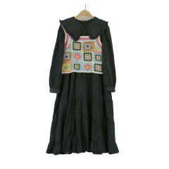 ネイビー ビック襟 ロング丈ワンピース ヴィンテージ ONE PIECE レトロ ドレス