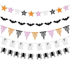 ペーパー 飾り付け ハロウィンフラッグ 吊り旗 ハロウィン 飾り ハロウィン 吊り下げ 星 ハロウィン 装飾 コウモリ 壁飾り クモの巣 インテリア クモ 店舗 パーティー用 おばけ デコレーション 5本セット 写真撮影 ガーランド (A)