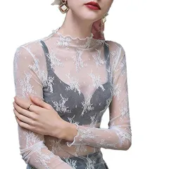 [] シアー トップス ハイネック シースルー レディース トップス レース 春夏 絶妙な透け感 肌見せ 重ね着 高伸縮 シアーシャツ 長袖 軽量 薄手 (ホワイト 花柄) 1