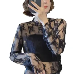 [] シアー トップス シースルー レディース トップス レース 春夏 絶妙な透け感 肌見せ 重ね着 高伸縮 シアーシャツ 長袖 軽量 薄手 (ブラック 花柄) 1