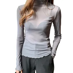 [] シアー トップス ハイネック シースルー レディース トップス レース 春夏 絶妙な透け感 肌見せ 重ね着 高伸縮 シアーシャツ 長袖 軽量 薄手 (グレー) 0