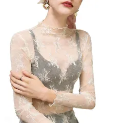 [] シアー トップス ハイネック シースルー レディース トップス レース 春夏 絶妙な透け感 肌見せ 重ね着 高伸縮 シアーシャツ 長袖 軽量 薄手 (ベージュ 花柄) 0
