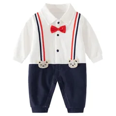 【即日発送】ネイビー ロンパース カバーオール くま柄 ベビー服 出産祝い フォーマル 白 新生児 クマ 男児 男 結婚式 長袖 秋 春 セレモニースーツ 退院 お宮参り ベビードレス 男の子 セレモニードレス