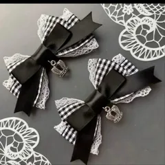 王冠♡ギンガムリボン　黒　ブラック　ヘアクリップ  量産型　地雷　ゴスロリ　天使界隈　サブカル　コンカフェ