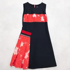 GIORGIO ARMANI　ジョルジオアルマーニ　ノースリーブワンピース　プリーツ　異素材　切替　シルク　ウール　ブラック×レッド　イタリア製　レディース　40　b00471のサムネイル