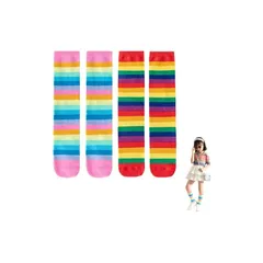 [KALOLINNA] 靴下 子供用 キッズ ハイソックス 2足セット しましま 虹色 女の子 くつした ボーダー 弾力性 耐久性 保育園 幼稚園 通園通学 運動会 1