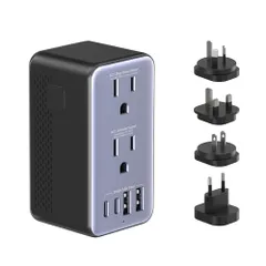 海外旅行用変圧器 220Vから100V 変換｜変換プラグ 全世界対応｜広電圧ソケット1個＋降圧ソケット1個＋USBポート4個（USB-C×2）｜変換プラグ A/BF/C/Oタイプ対応｜アメリカ・韓国・オーストラリア・イギリス・中国など対応　美品　おすすめ