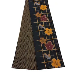 【美品】半幅帯 優品 蝶 桜 箔 黒 化繊 【中古】