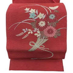 名古屋帯 優品 八寸名古屋帯 松葉仕立て 夏帯 絽 トンネル仕立て 草花 花熨斗 金銀糸 茜色 正絹 【中古】