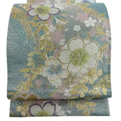 【美品】 袋帯 秀品 振袖向き 桜 桜の花びら 金銀糸 ラメ箔 水色 六通 正絹 【中古】