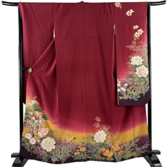 振袖 身丈163cm 裄丈66cm M 袷 御所車 牡丹 金糸 金彩 えんじ色 正絹 秀品 【中古】
