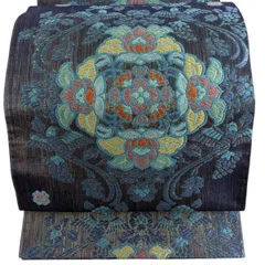 【美品】 袋帯 秀品 華文 向かい鳥 箔 唐織 青紫 六通 正絹 【中古】