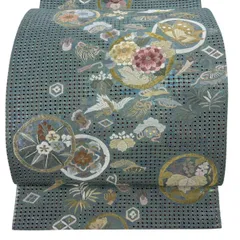 【美品】 袋帯 逸品 草花 蝶 刺繍 金糸 青緑 六通 正絹 【中古】