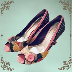 【新品 23.0センチ ロサンゼルス.インポート】和洋折衷 和柄×水玉 チャンキーヒール パンプス 個性的 レトロ ポップ