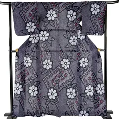 【美品】 浴衣 身丈162cm 裄丈64cm M 絞り浴衣 花柄 七宝 紺色 綿 名品 【中古】
