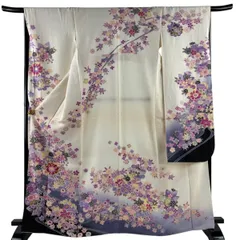 振袖 身丈167cm 裄丈67cm M 袷 桜 草花 金通し 刺繍 クリーム 正絹 名品 【中古】