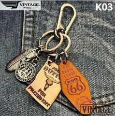 カラビナ キーリング キーホルダー  アメカジ ストリート 牛革 革タグ　MK12