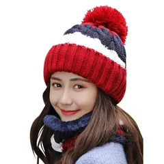 [Ressh.N] ニット帽 ネックウォーマー レディース 2点セット 裏ボア 厚手 秋冬 (レッド/ネイビー)