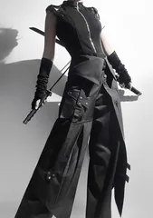 モード系 ダーク テックウェア 4点セット トップス 巻きスカート ワイドパンツ ベルト セットアップ ゴシック ストリート ブラック 忍者風 戦闘 サイバー パンク 韓国ファッション 個性派 中性風 ユニセックス クール系 ノースリーブ ハンサム