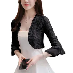 [ROCAROCA] [ロカロカ] レディース ボレロ 五分袖 レース フリル お花モチーフ 結婚式 フォーマル 黒 黒色 (Lサイズ, ブラック)
