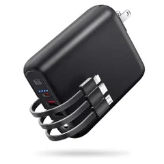 大容量 【15000mAh・コンセント一体型・3本ケーブル内蔵】 6台同時充電 22.5W/PD20W対応 PD3.0 スマホ充電器 携帯充電器 軽量 小型 折りたたみ式プラグ ACアダプター Type-C入出力兼用 iPhone/Androi　美品　おすすめ