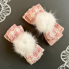 ファー付ツイードミニリボン①　ピンク　ヘアクリップ  量産型　地雷　ゴスロリ　天使界隈　サブカル