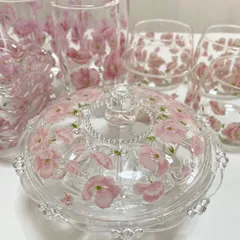 キャンディポット＆冷茶グラス＆デザートカップ ピンクのポピー柄 レトロ