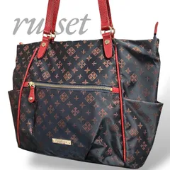 【MY0437】russet ラシット トートバッグ ブラック 黒 レッド 赤 ナイロン モノグラム柄 肩掛け ファスナー レディース 大容量