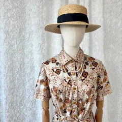 ヴィンテージ シャツワンピース 花柄 ボタニカル柄 リボン紐付き ロングワンピース ベージュ ブラウン レトロ 半袖 レディース