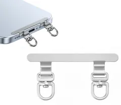 【送料無料】Chisafly スマホストラップ スマホ ストラップホルダー ２口 携帯ストラップホルダー 【傷防止フィルム加工・浮かない折り曲がれ設計・ステンレス製・メッキ仕上げ・極薄】 20kgまでの荷重量 おしゃれ 回転 充電出来る 落下紛失防止 シルバー