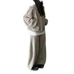 [ReiLuana] スウェット レディース セット アップ 上下 ジップ パーカー ワイド パンツ ジャージ ゆったり (JP, アルファベット, M, アプリコット) [アプリコット] [M]