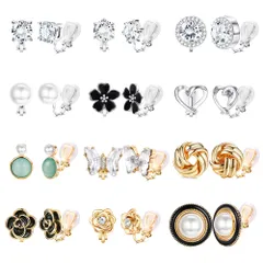 Diamday 12ペア 可愛い イヤリング レディース 人気 キュービックジルコニア クリップ イヤリング 花 ハート ノンホール ピアス 穴不要 痛くない 女性 アクセサリー (シルバー&ゴールド)