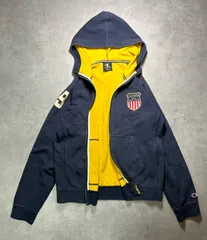 希少 チャンピオン Champion ジップパーカー 紺×黄 M ニューヨーク ワッペン ゴールドウイン製 リバースウィーブ型 UNIVERSALジップ 裏起毛 ネイビー イエロー アメカジ 古着 裄丈84 身幅53 着丈60 CAS165