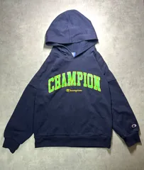 【美品】チャンピオン 160 スウェット パーカー 紺 緑 ロゴ刺繡 キッズ レディース 150 M Champion 希少カラー ネイビー イエロー グリーン フーディー プルオーバー Hanesbrands Japan 正規品 ヴィンテージ風